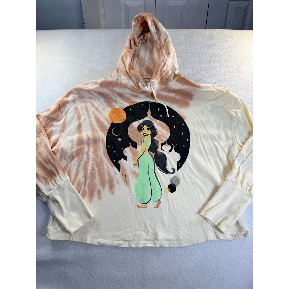 Disney Princess Jasmine Tie Dye Cropped Hoodie XL Cream Tan Aladdin Graphic